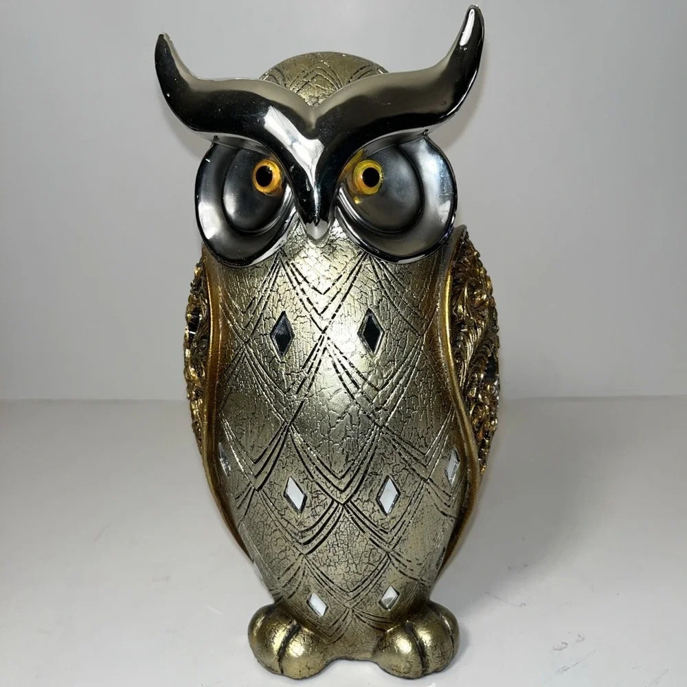 OWL Silver & Gold Accented Tones Resin Owl 9 1/2